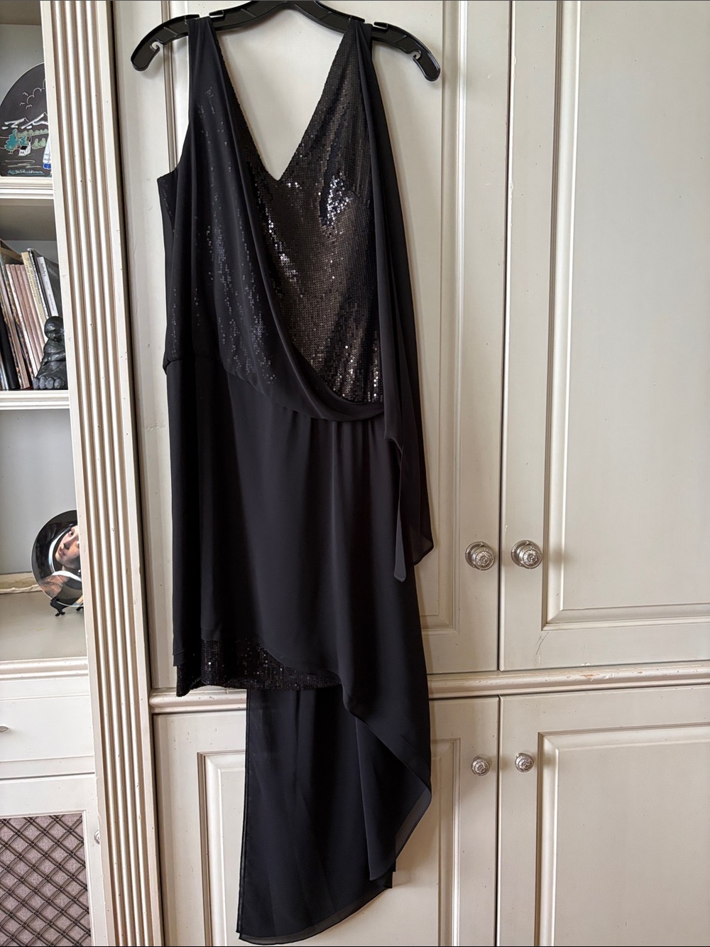 Angel Sanchez Black Sequin Draped Asymmetrical Cocktail Dress